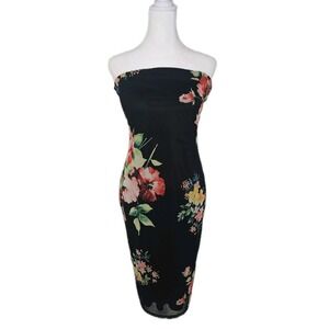 Charlotte Russe Black Floral Midi Tube Bodycon Strapless Dress Size Med NWT'S Jr